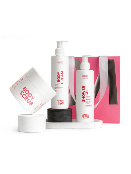 Подарунковий набір для тіла ALL YOUR BODY NEEDS Гель для душу, скраб для тіла та крем для тіла MARIE FRESH Cosmetics модель aybn-3-4 Фото