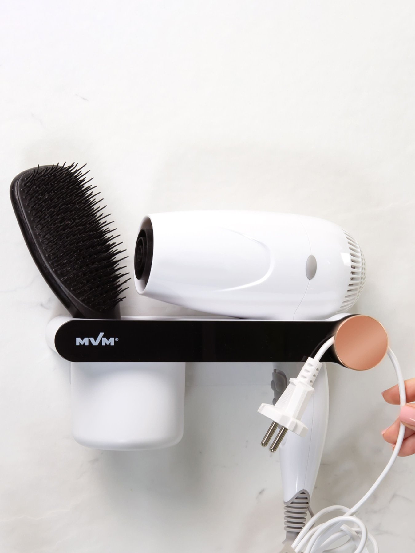 Полка с держателем для фена клеящаяся белая с черным MBM HOME модель BP-33 WHITE/BLACK Фото