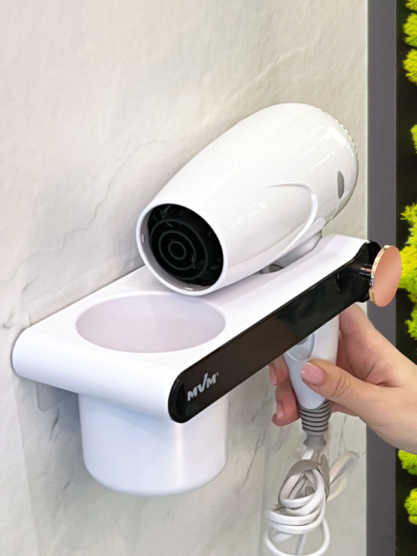 Полка с держателем для фена клеящаяся белая с черным MBM HOME модель BP-33 WHITE/BLACK Фото