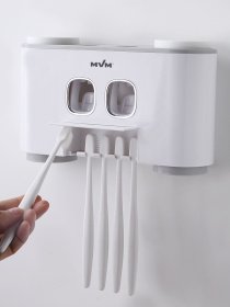 Держатель диспенсер 3-в-1 для зубной пасты со стаканами клеящийся MBM HOME модель BP-25 WHITE/GRAY Фото
